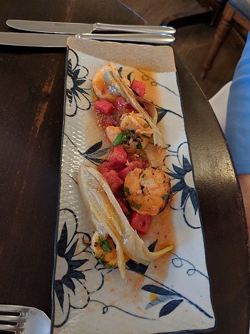 20190904_IMG185120_Pixel3a-JEB First course: Grilled shrimp, watermelon salsa, roast fennel, hot and sour dressing